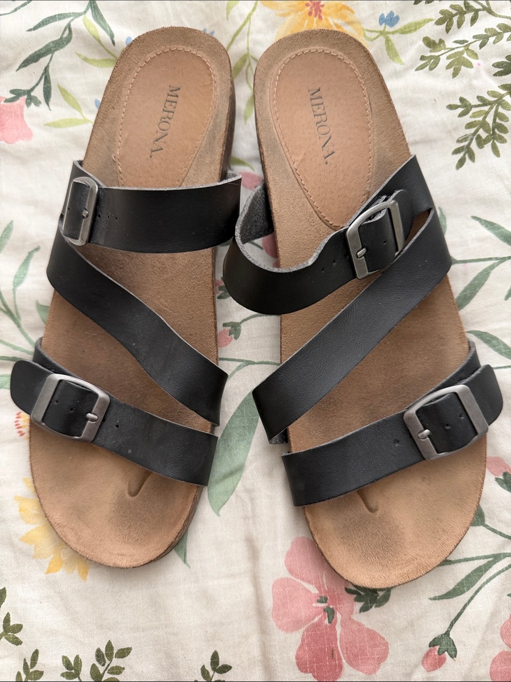 Merona Women’s Black Triple-Strap Buckle Slide Sandals, Size 9